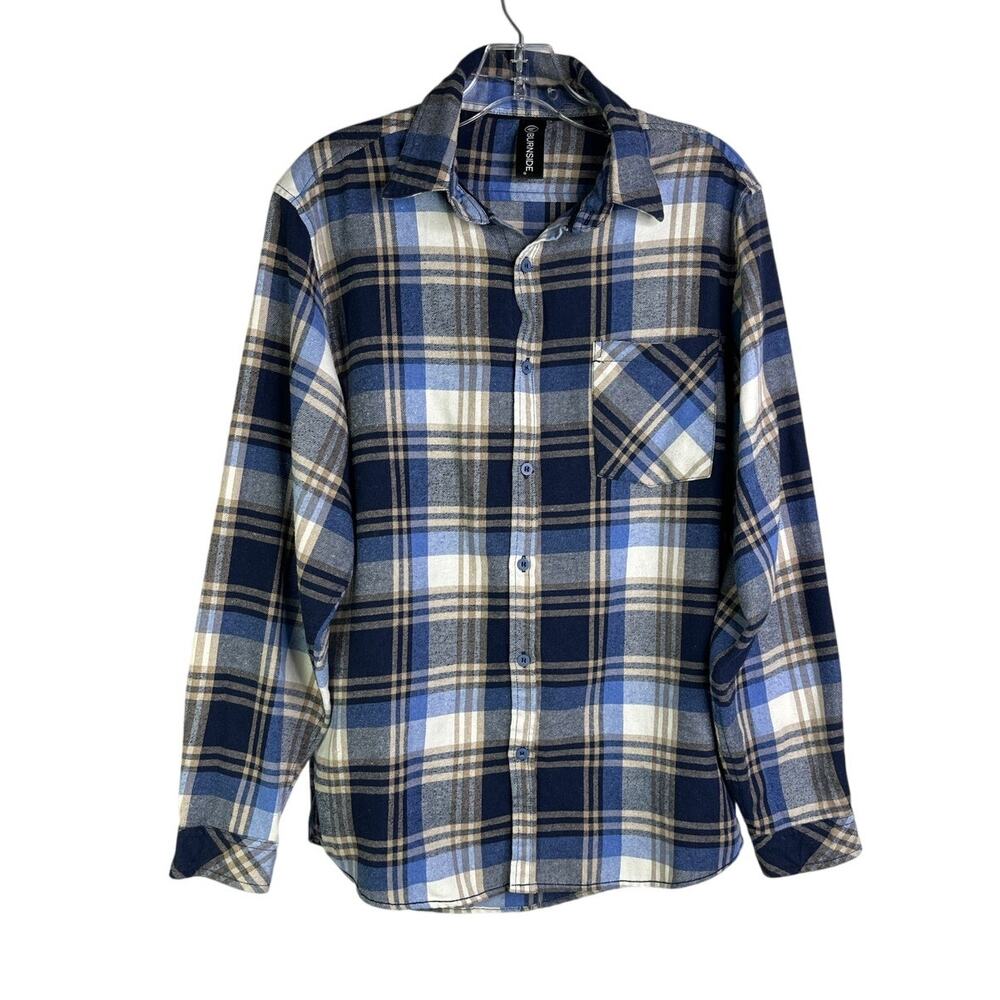 Burnside Flannel Shirt Mens‎ Blue Beige Plaid Long Sleeve Grunge Classic